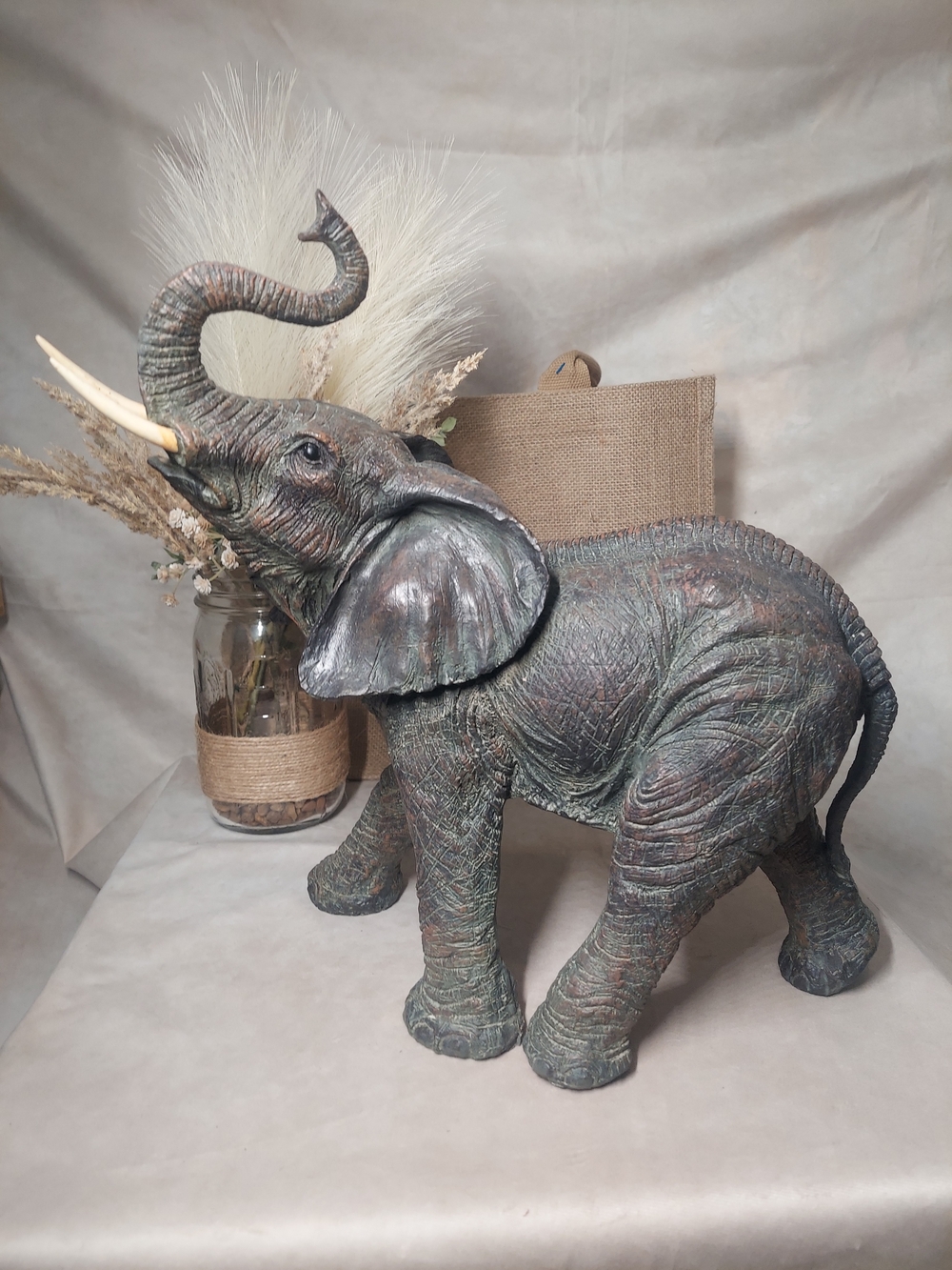 Large Decorative Elephant Statue - 13.5" Tall Faux Bronze Resin Figurine